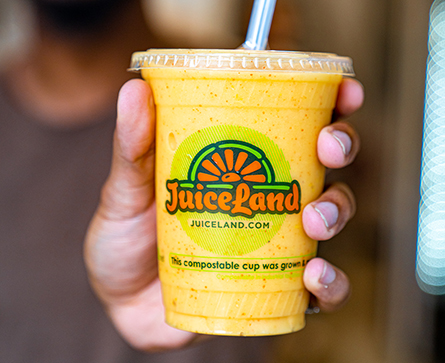 JuiceLand Morning Sunshine Smoothie with pineapple, orange, banana, mango, goji berry, local bee pollen