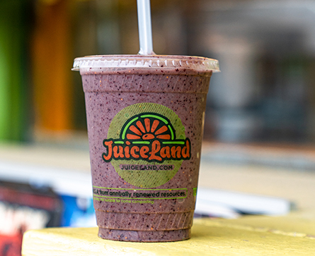 juiceland originator smoothie with apple, banana, blueberry, cherry, peanut butter, brown rice protein, flax oil, spirulina