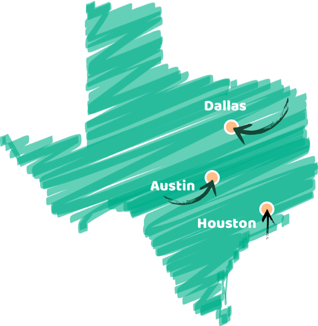 Texas map with JuiceLand locations in Austin Dallas and Houston