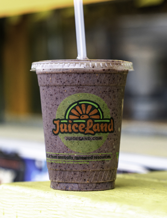 juiceland originator smoothie with apple, banana, blueberry, cherry, peanut butter, brown rice protein, flax oil, spirulina