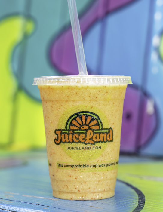 JuiceLand Morning Sunshine Smoothie with pineapple, orange, banana, mango, goji berry, local bee pollen