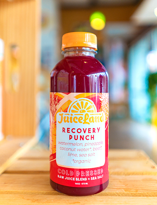 JuiceLand Recovery Punch Cold Pressed Raw Juice with watermelon, pineapple, coconut water, beet, lime, sea salt